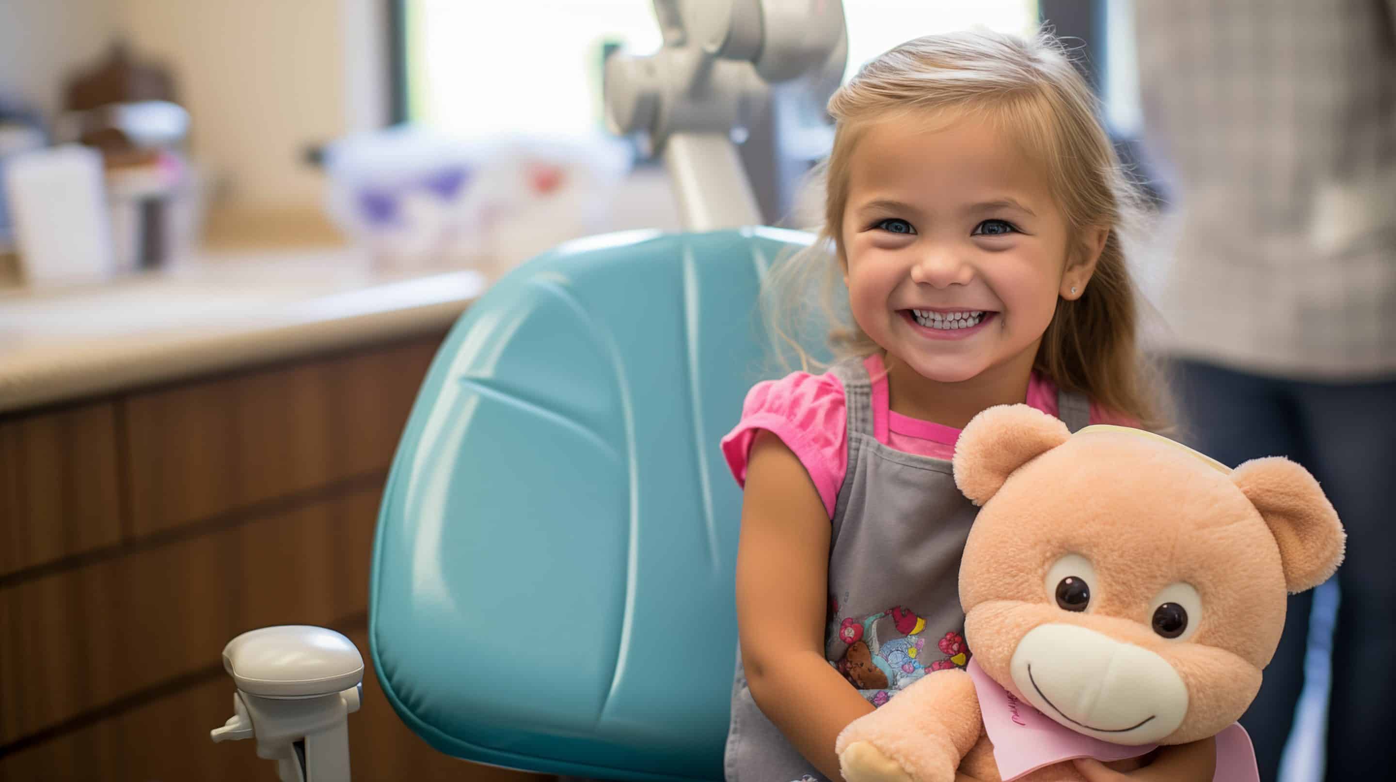 young girl sitting in dental chair smiling holding a bear - Pediatric Dentistry on Kimball