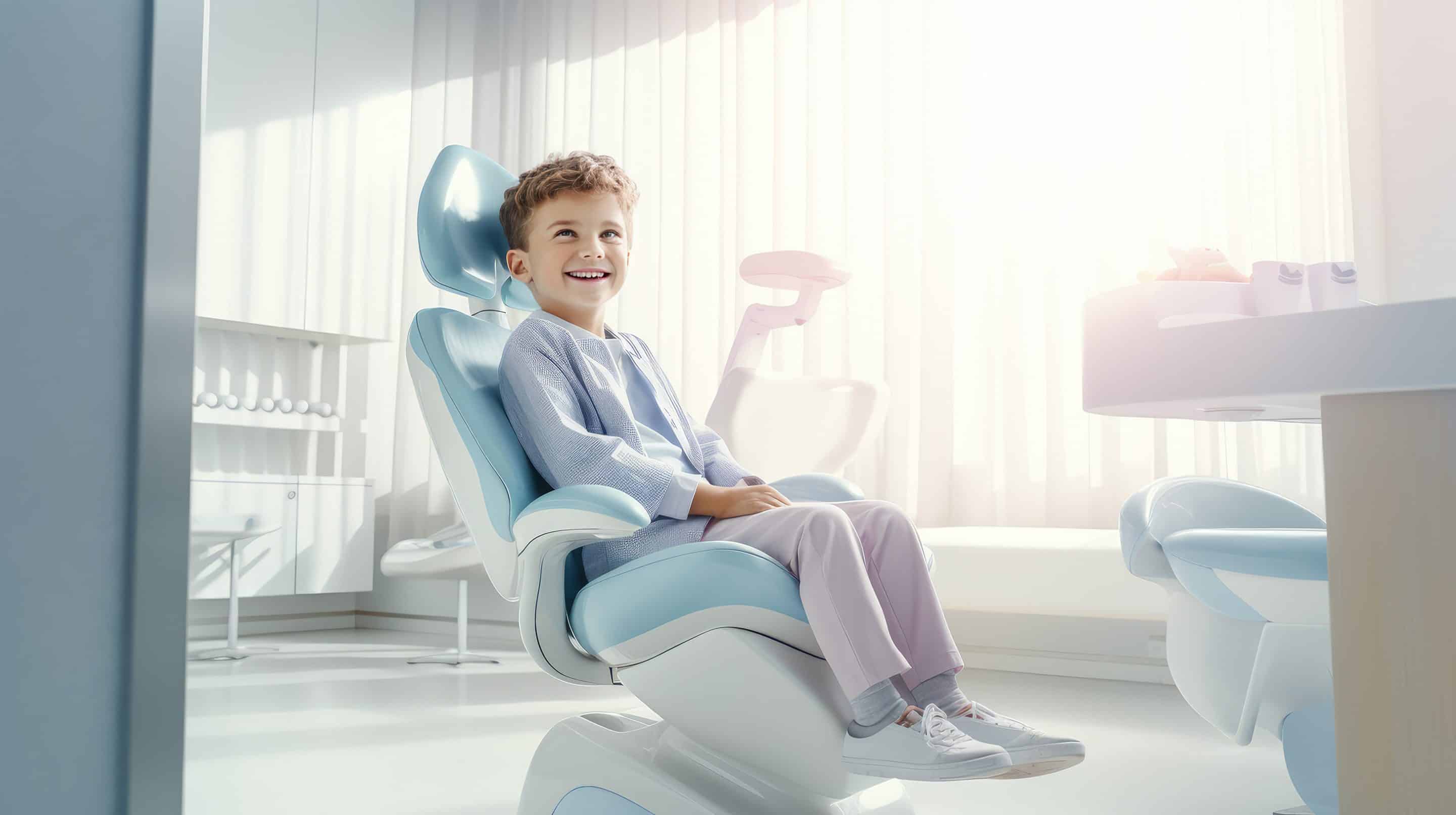 young boy sitting in dental chair at appointment in Brooklyn, NY